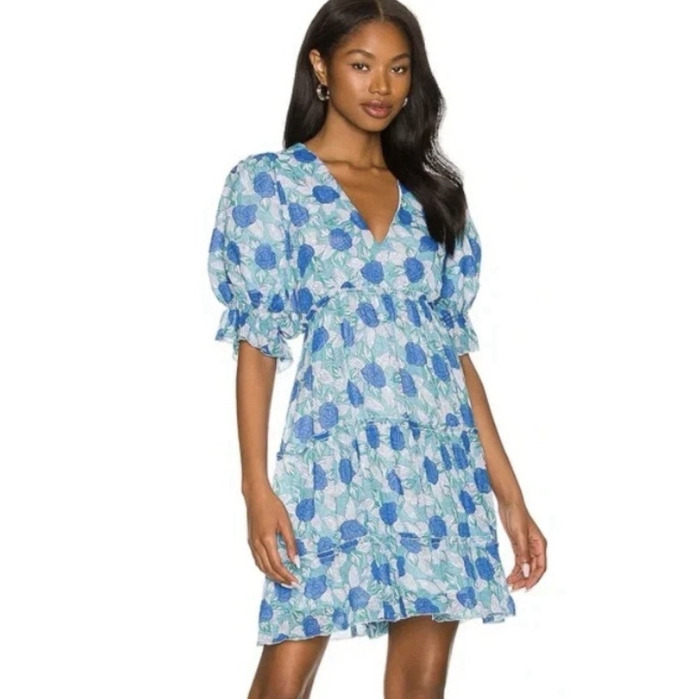 Saylor Leigha Blue Floral Puff Sleeve Mini Dress Size 8 Party Cruise